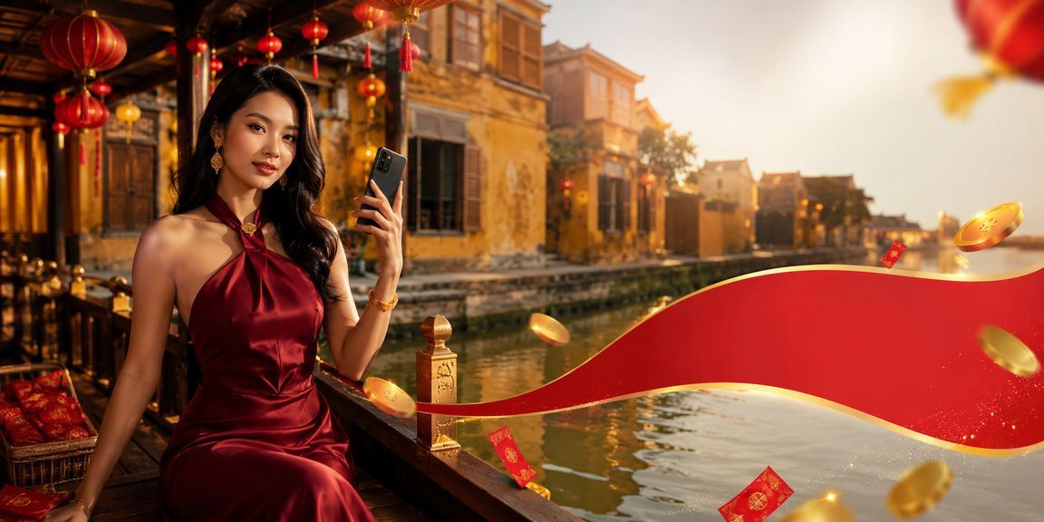 Đèn lồng Hội An về đêm – không khí lễ hội và người chơi kiểm tra kết quả cá cược qua điện thoại